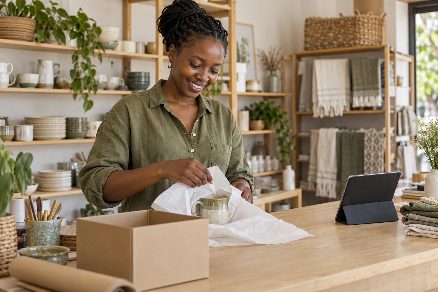 A shop owner wrapping a ceramic mug at her boutique counter
