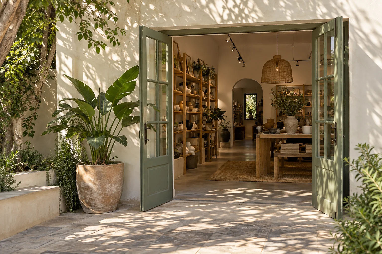 Open sage-green doors welcoming customers into an independent shop