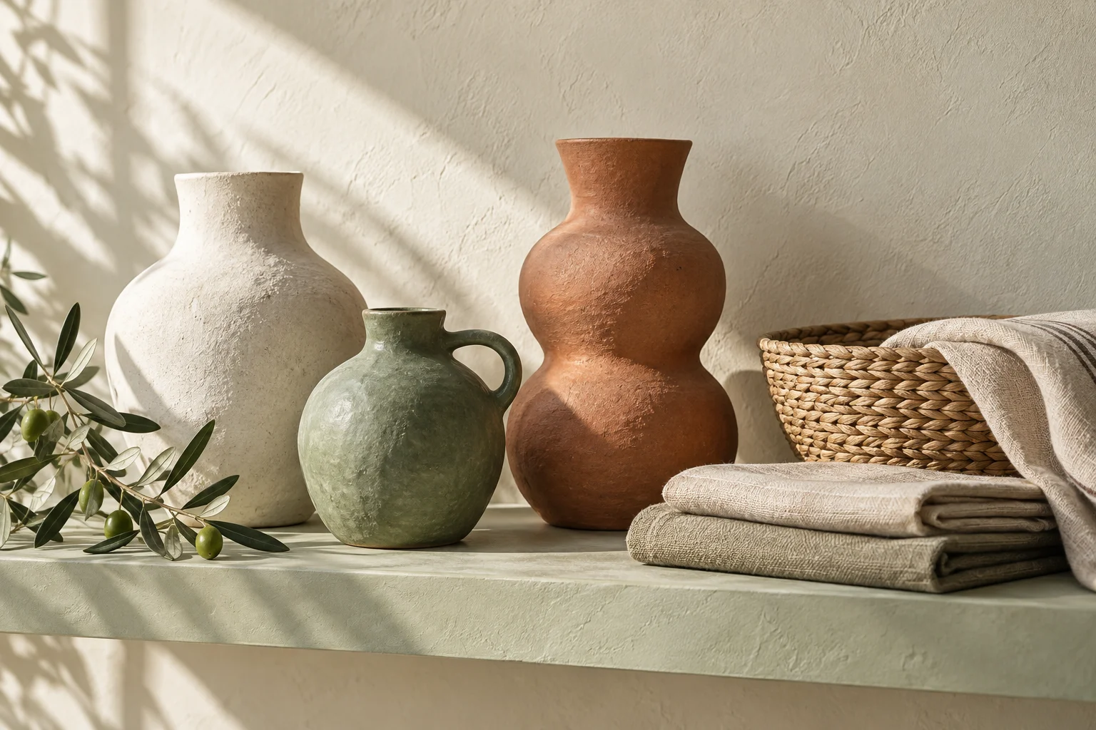 A curated collection of handmade ceramics, natural linen and a woven basket