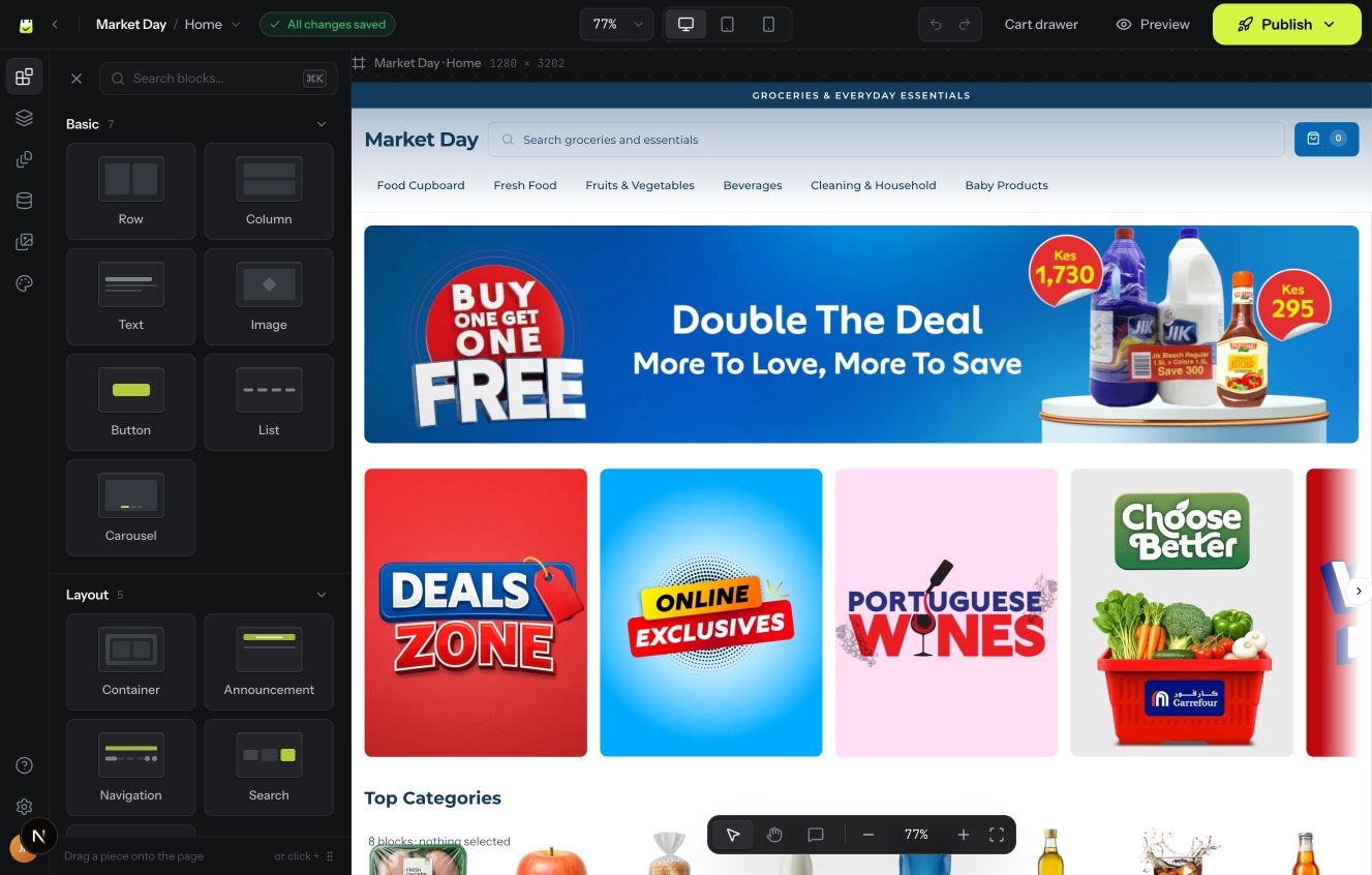 The TopDuka visual website builder with its block library